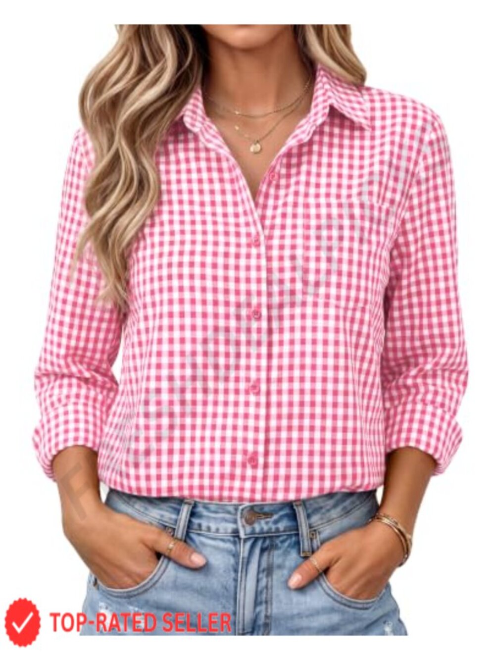 Cotton Gingham Button Down Shirt Long Sleeve Collared Casual Blouse